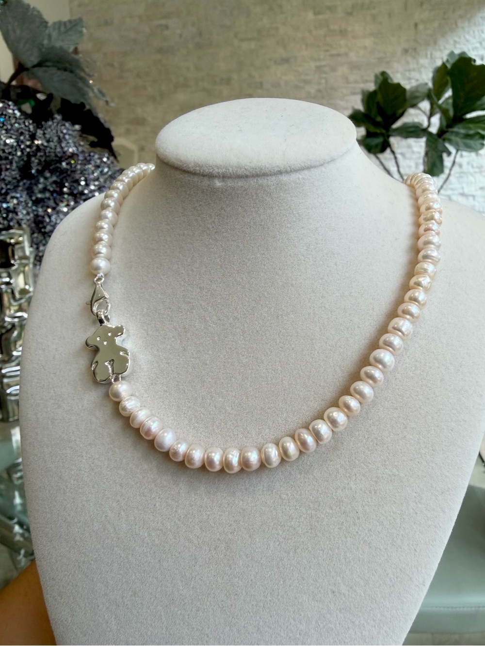Tous White Pearl Bead Necklace with Silver Bear Charm